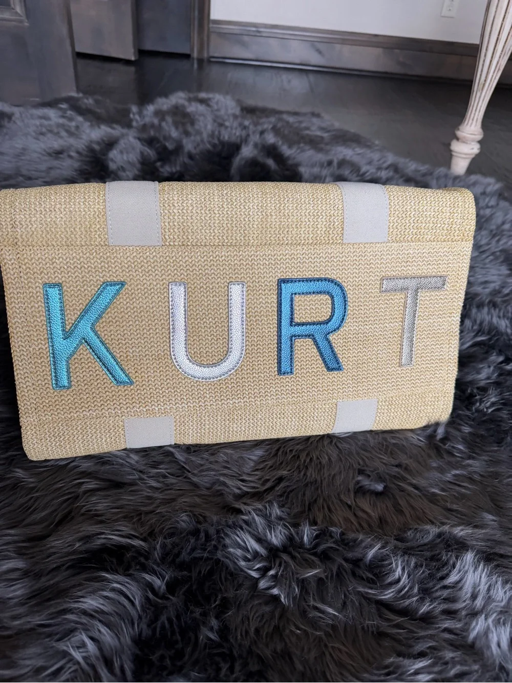 Calling all Beaches! Kurt Geiger Cream Straw Tote with Blue Metallic Logo Patch - Picture 4 of 9